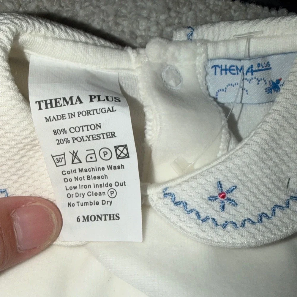 Thema Plus Portugal Cream Velour Embroidered Peter Pan Collar Footed Romper 6M